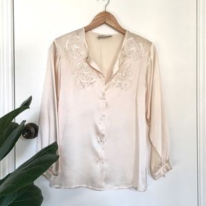 Vintage Floral Embroidery Silk Blouse